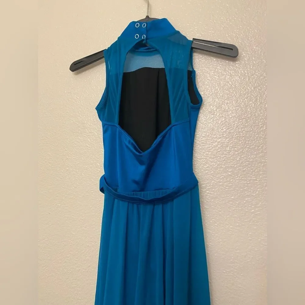 Weissman Dance Costume mesh maxi dress teal blue Lakehouse 12181 MC IC 7/8